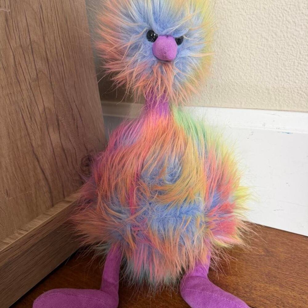 Retired Jellycat Rainbow Pom Pom Ostrich Bird Colorful 13” Medium